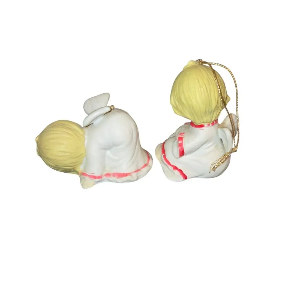 Vintage Pair of Red & White Porcelain Angel‎ Baby Cherub Christmas Ornaments